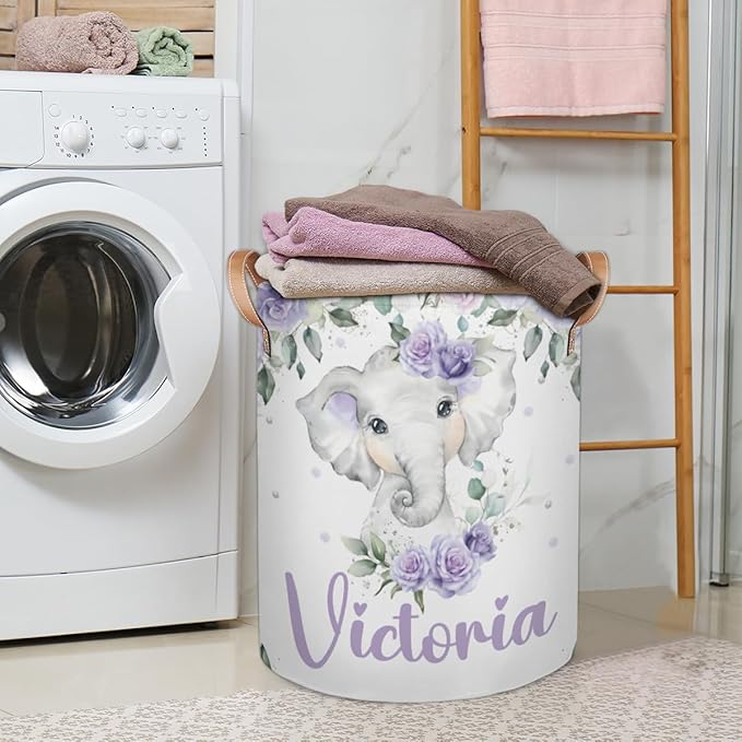 Personalized Laundry Basket, Custom Gift Laundry Hamper, Collapsible Nursery Waterproof Laundry Baskets, Dirty Clothes Toy Hamper with Handles Purple Floral Cute Elephant