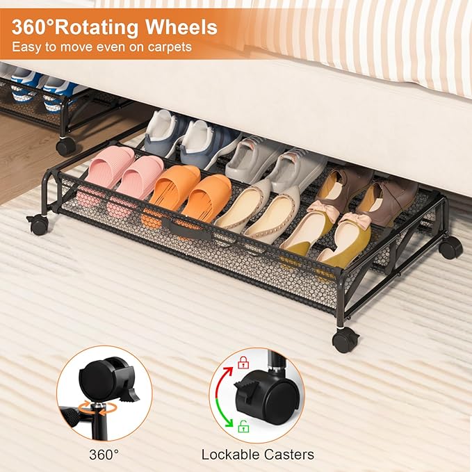 Under Bed Shoe Storage Organizer, Rolling Under Bed Storage Containers with Wheels, Under Bed Shoe Organizer Drawer Space Saving for bedroom