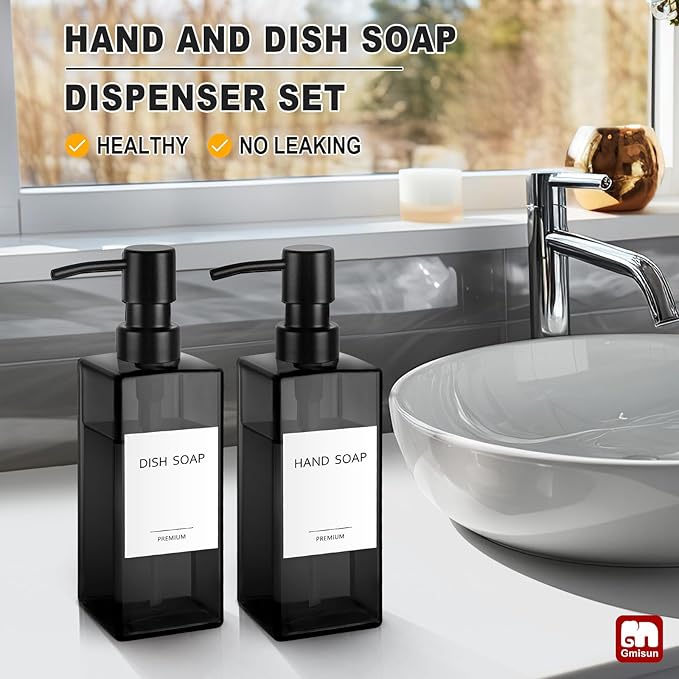 GMISUN Black Glass Soap Dispenser, Hand Soap Dispenser with Stainless Steel Pump for Bathroom, 12 fl oz/350ml Refillable Dish Dispensers for Kitchen, Modern Liquid Lotion Bottles for Countertop