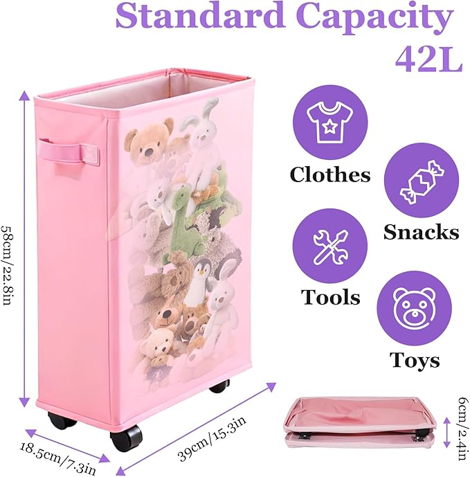 42L Slim Laundry Basket with Wheels, Rolling Laundry Hamper for Small Spaces, Collapsible 600D Oxford Dirty Clothes Basket with Brake & Handle, Narrow Laundry Basket for Dorm, Bathroom, Pink