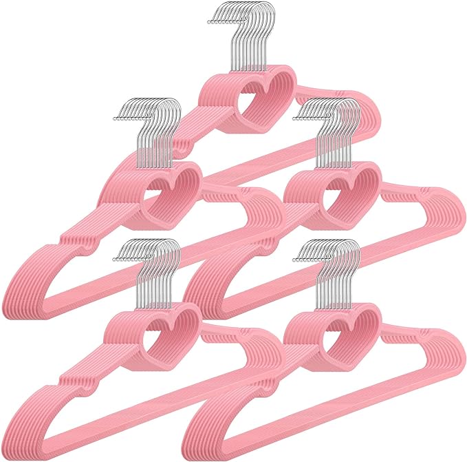 Qunclay 50 Pcs Pink Plastic Heart Hangers with 360 Degree Swivel Hook, Heavy Duty Sturdy Heart Clothes Coat Hanger, Cute Kawaii Room Decor for Adult Women, Space Saving with No Hanger Mark