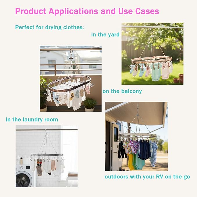 Sock Hanger for Drying with 26 Non-Slip Clips - Aluminum Hanging Drying Rack for Underwear, Baby Clothes & Delicates | Oval Design & Wind-Resistant Hook (Silver)