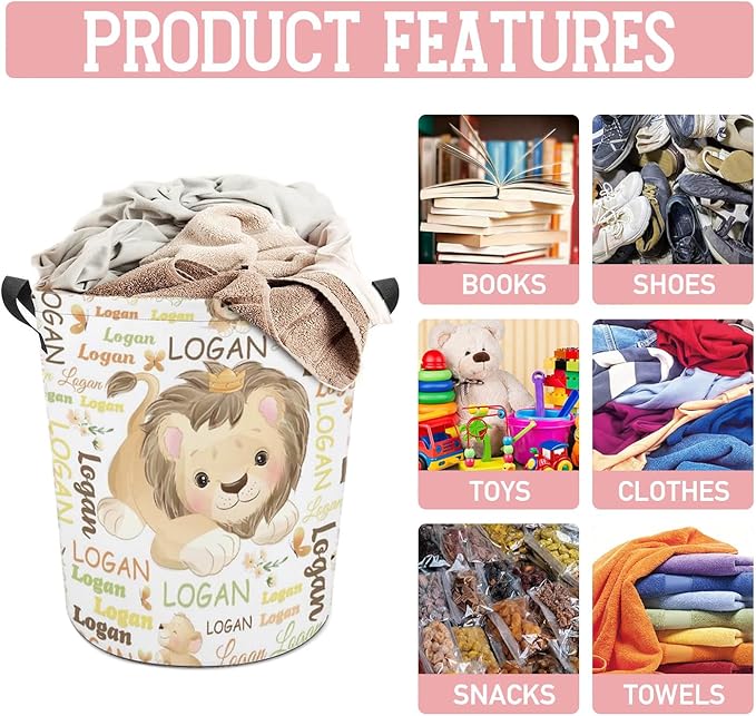 Lion Laundry Basket,Personalized Laundry Hamper for Boys Girls,Custom Laundry Basket With Name, Customized Dirty Clothes Hamper for Bathroom Bedrooms,M-19.5"X 15.7"