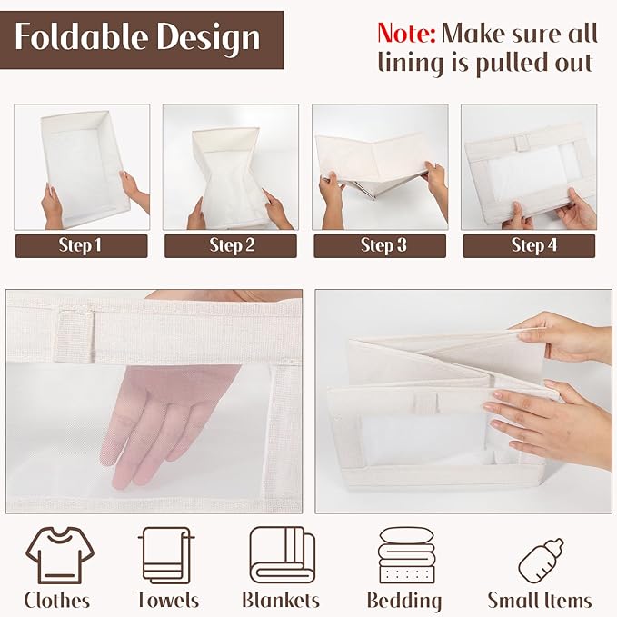4 Pack Linen Organizers and Storage, Closet Storage Bins Linen Closet Baskets for Organization Foldable Organizer Bins with Clear Window for Organizing Clothing, Beige