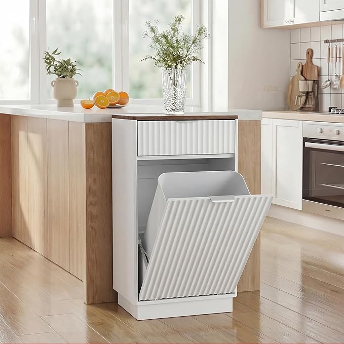 Tilt-Out Trash Cabinet, White Laundry Hamper Cabinet with Black Top, 34.3 x 19 x 13.8 inches, 10 Gallon Capacity, Wave-Textured Front, Storage Drawer.