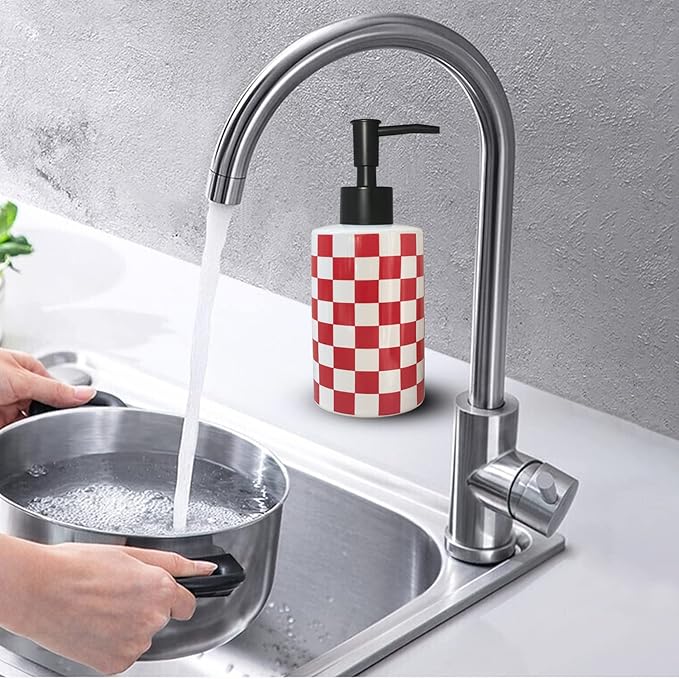 Bathroom Soap Dispenser with Matte Black Pump White Ceramic Soap Dispenser for Kitchen Checkerboard Empty Pump Bottle (RED)