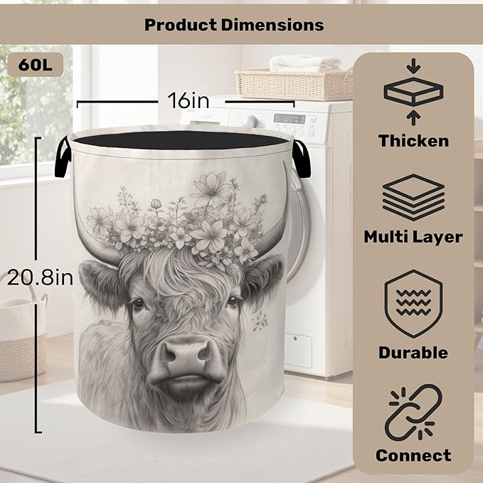Highland Cow Foldable Laundry Hamper - Waterproof Fabric Storage Basket with Handles, Clothes Hampers for Laundry,Bedroom,Dorm