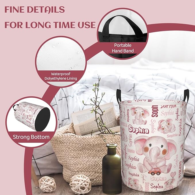 Customizable cute Laundry Hampers, Custom name Laundry Hamper, Personalized Elephant laundry basket, Customized Elephant Hamper with name for Living Room Bedroom Bathroom Barbershop
