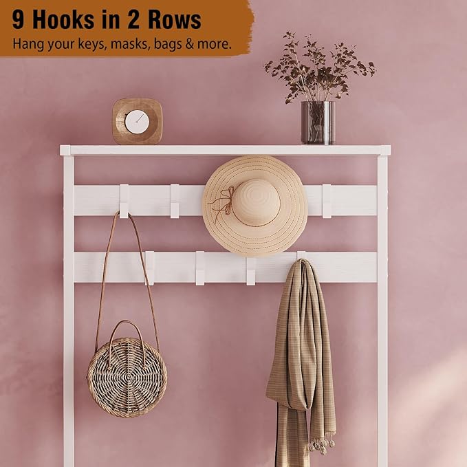 GiftGo Modern White Large 5-Tier Hall Tree Entryway Wooden Shoes Rack Shelf Coat Rack with Movable 9 Metal Hooks Storage Organizer for Home Office Bedroom Mudroom Living Room