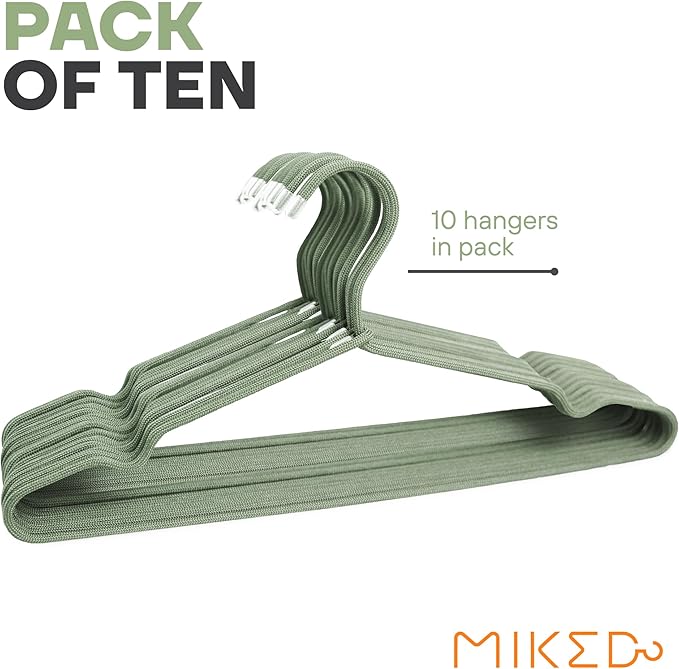 10-Pack of Fabric-Wrapped Metal Hangers Features a Strong Metal Frame, Soft Fabric Coating, Non-Slip Design, preventing Damage, and Providing Secure, Space-Saving Garment Storage. (Green)