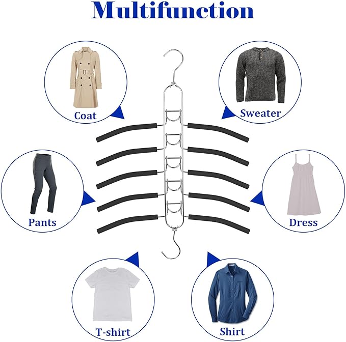 4 Pack 5-in-1 Anti Slip Stainless Metal Clothes Hange,Space Saving Thin Shirt Hangers,Multi Layers Magic Sweater Hanger,Used for Wardrobe Organizer or Vacation and Business Trips