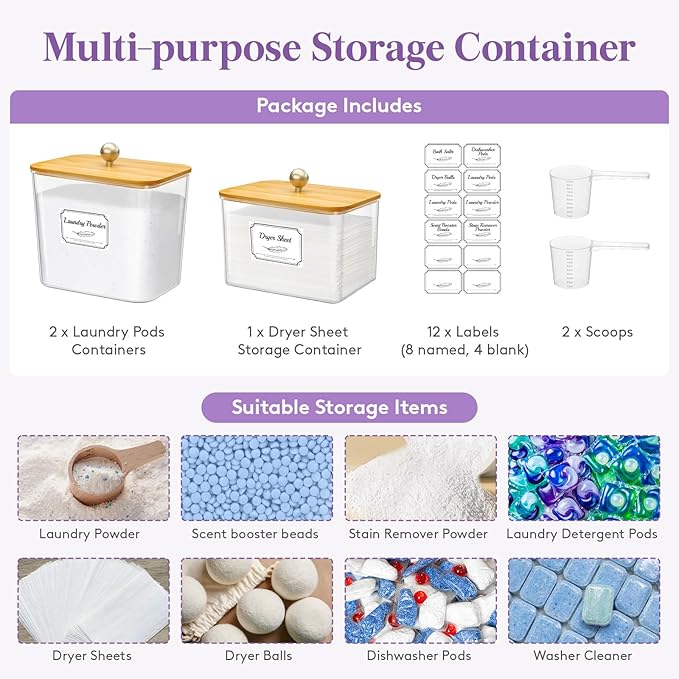 Lifewit Laundry Pods Container with Lid, Dryer Sheet Holder, Room Organization Storage for Coffee Pods Kcup Washing Powder, Scent Booster Beads, 2600 +2000ml/0.53+0.7gal，Natural,3 Pcs