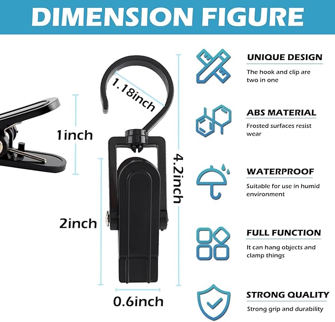 20 PCS Laundry Hooks with Clips Super Strong Plastic Home Travel Swivel Hanging Hanger Closet Organizer Clamps Socks Boot Bras Towels for Bathroom Wardrobe Kitchen Office (Black)