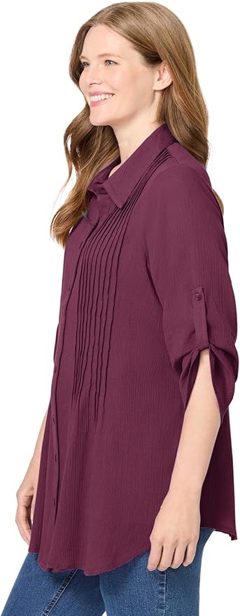 Woman Within Plus Size Pintucked Button Down Gauze Shirt
