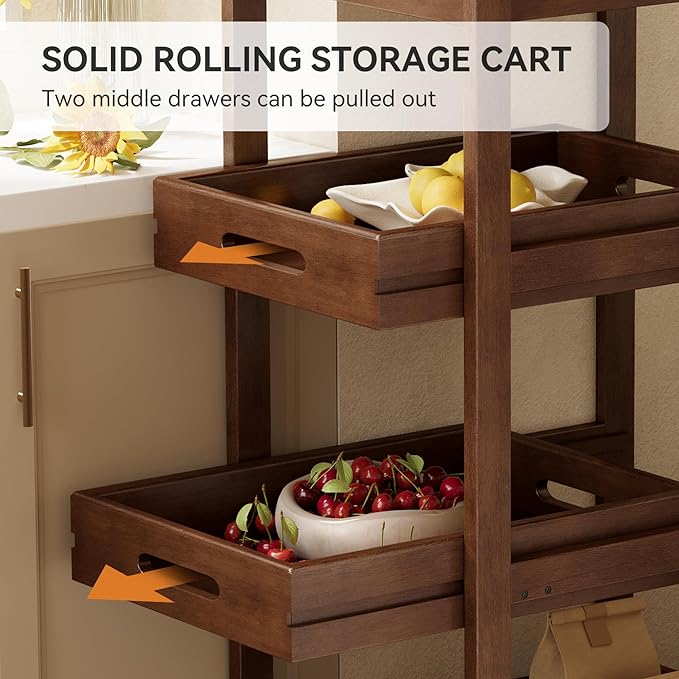 Solid Wood Storage Cart, 4-Tier Slim Kitchen Rolling Cart with Wheels, Narrow Mobile Utility Organizer Shelving Unit for Small Space, Living Room, Dining Room, Laundry, Walnut