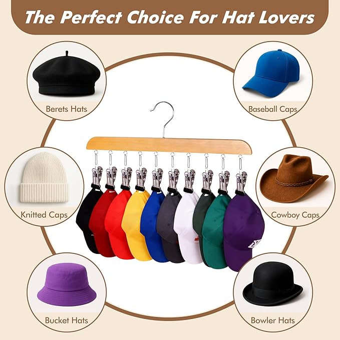 3 Pack Hat Organizer Hanger with 10 Adjustable Stainless Steel Clips, Hat Hangers for Closet, Cap Organizer for Closet, Hats Holder for Ball Caps & Accessories
