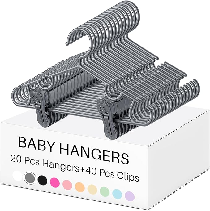 Hsei 5/10/40 Pack Baby Hangers with 10/20/80 Clips, Plastic Kids Pants Hangers for Nursery Closet Top and Bottom Clothes Hanger Set for Newborn Infant Toddler(60 Packs Total,Gray,10.6 Inch)
