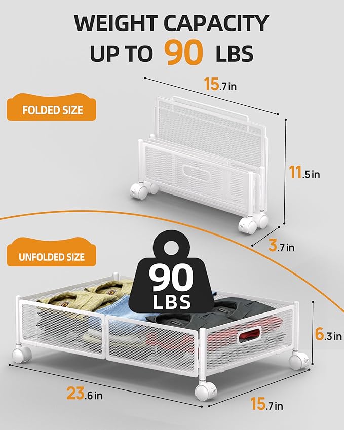 Under Bed Organizer, Storage Bins Under Bed, 60L Underbed Storage Bins for Bedroom Clothes Shoes Blankets (White, 4 Pack)