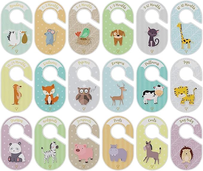 Baby Closet dividers & Baby Clothes Organizer - 18 x Baby Clothes Closet dividers - Neutral Hangers (boy & Girl) - Size & Age Baby Clothes dividers - Cozy Hedgehog