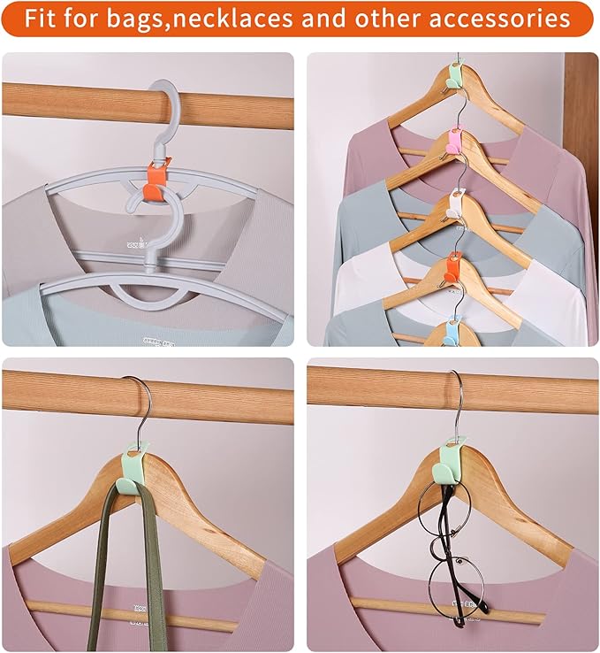 SLMT 50PCS Space-Saving Hanger Connector Hooks, Closet Organizer Extender for Plastic, Velvet, Wooden, Wire & Heavy Duty Clothes Hangers, Universal Fit (Multi-Color)