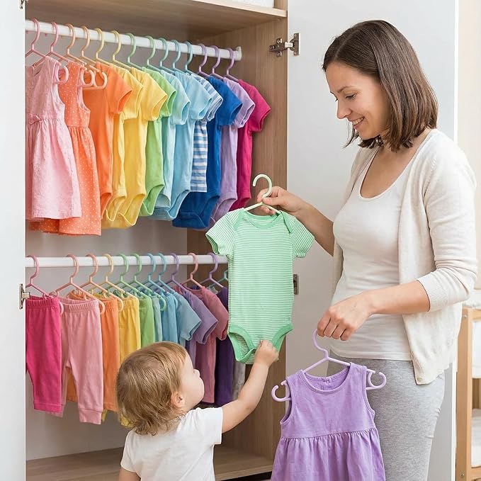 Hsei 60 Pack Pastel Color Kids Nursery Hangers Plastic Baby Hangers Heavy Duty Toddler Hanger for Pants, Coat, Skirts, Closet, Nursery Decor(Macaron)