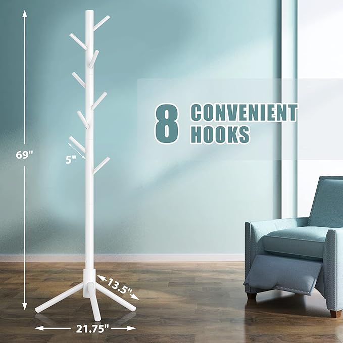 Haddockway Wooden Coat Rack Stand with 8 Hooks New Zealand Pine 3 Adjustable Coat Standing Tree Easy Assembly for Coats, Hats, Scarves and Handbags for Entryway, Hallway, Bedroom, Office,2 PCS