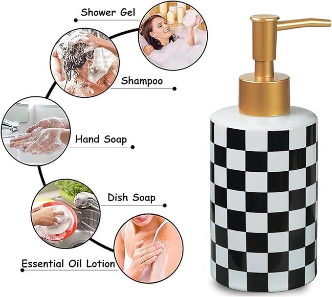 Checkered Ceramic Soap Dispenser White and Black,Liquid Lotion Dish Hand Checkerboard Soap Dispenser Bottle with Golded Pump Plastic for Kitchen,Bathroom,Washroom