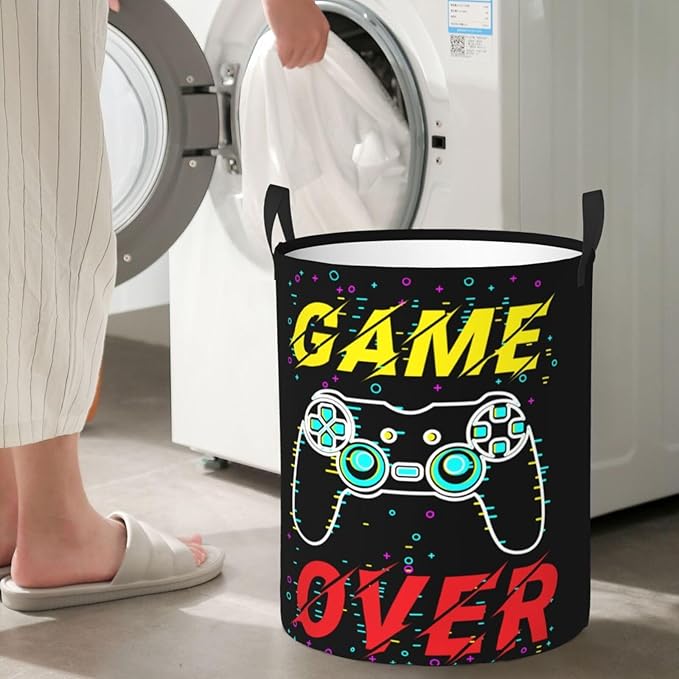 Gamer Round Laundry Hamper Game Joystick Storage Basket Toys Clothes Organizer Bin For Home Bathroom Bedroom Dorm Nursery, 62l