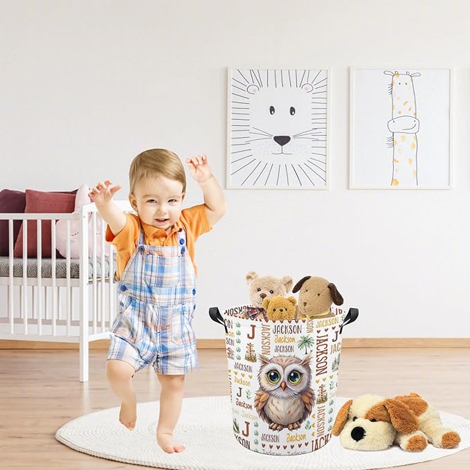 Owl Laundry Basket,Custom Laundry Hamper with Name,Personalized Owl Gifts for Boys Girls,Customize Collapsible Laundry Basket for Bedroom Bathroom,S-16.5"x 13.8"