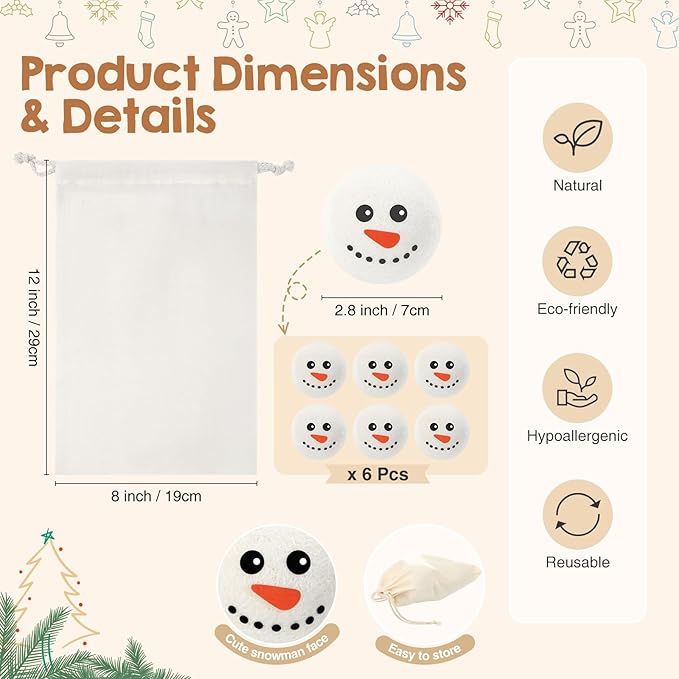 Jenaai 6 Pcs Wool Dryer Balls Bulk Cute Organic XL Wool Dryer Laundry Balls Natural Soft Fabric Softener Anti Static Fabric Softener Alternative for Laundry Clothes(Snowman Face)