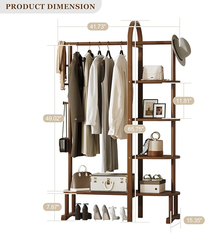 Solid Wood Clothing Rack with 4 Shelves Storage and 5 Wooden Hooks Clothes Rack,Multi-functional Coat Rack for Clothes, Shoes, Bags, Coat rack for Bedroom Entryway Living Room Hotel,Walnut