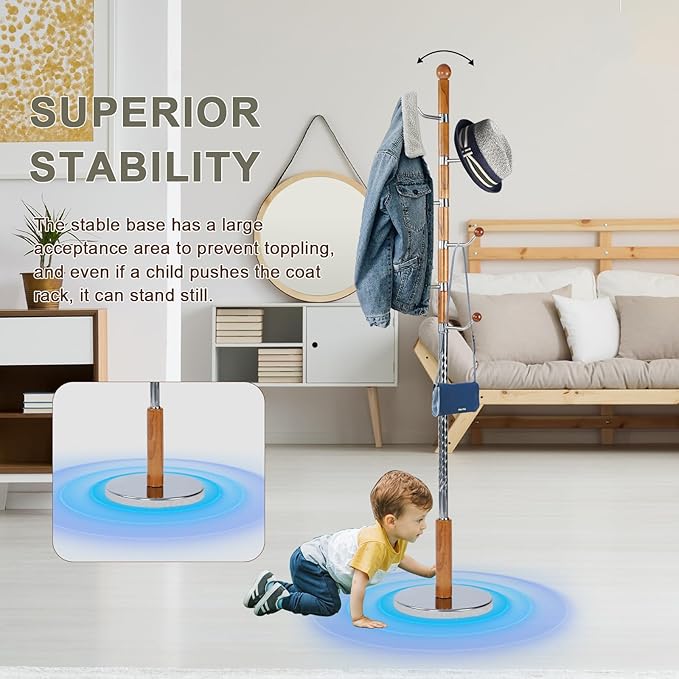 Wooden coat rack stand, Heavy duty coat racks tree freestanding with 6 Hooks and Sturdy Metal Base, Coat tree for jacket,Hats, Bags, Purses, clothes (Round base-Natural)