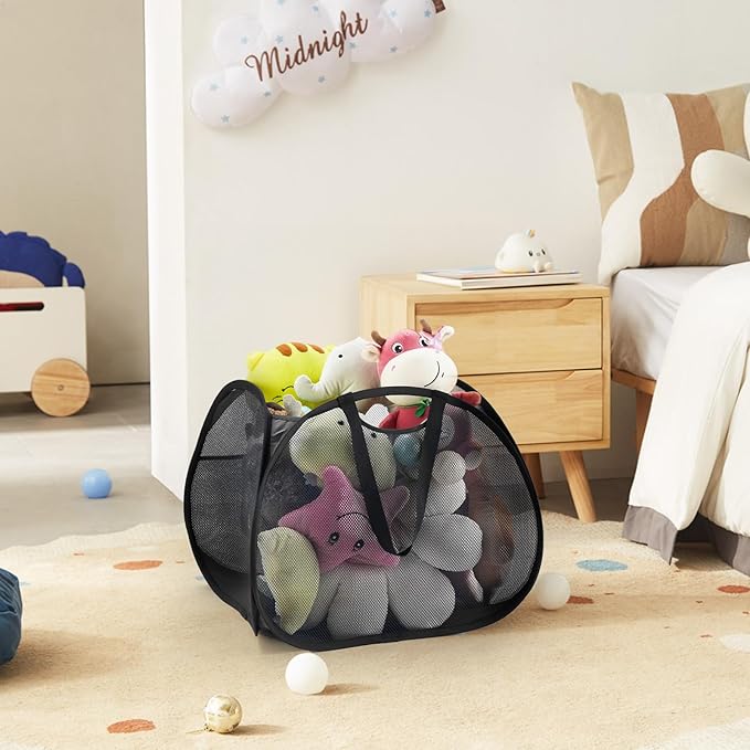 TECHMILLY Collapsible Mesh Pop Up Laundry Hamper with Strong Handles, Large Opening Clothes Hamper with Side Pockets, Storage Baskets for Dorm, Laundry Room, Bathroom or Travel (Black, 90L, 2Pack)