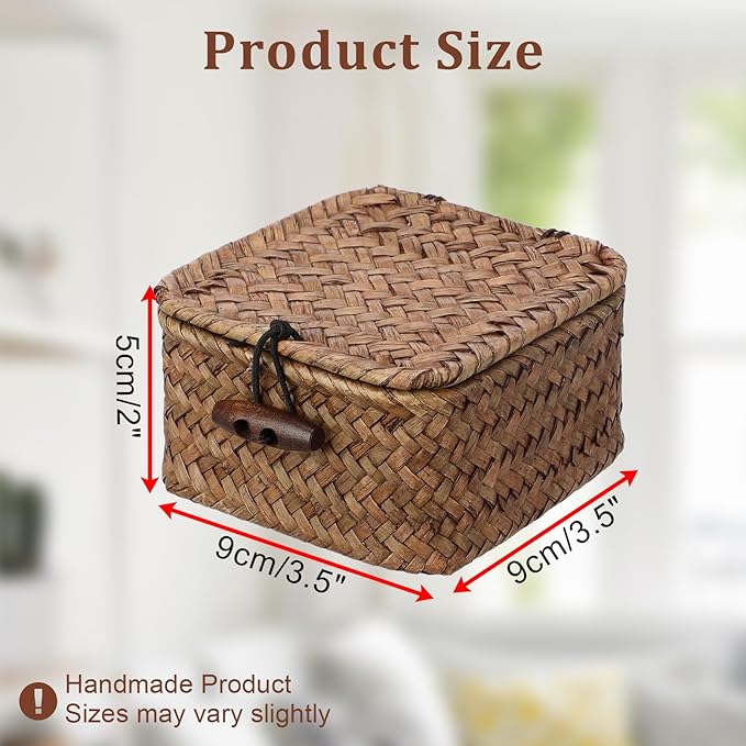 Mini Seagrass Basket Handwoven Small Wicker Basket with Lid Square Portable Storage Baskets for Key Jewelry Decorative Organizer Box for Shelf, 3.5"L x 3.5"W x 2"H