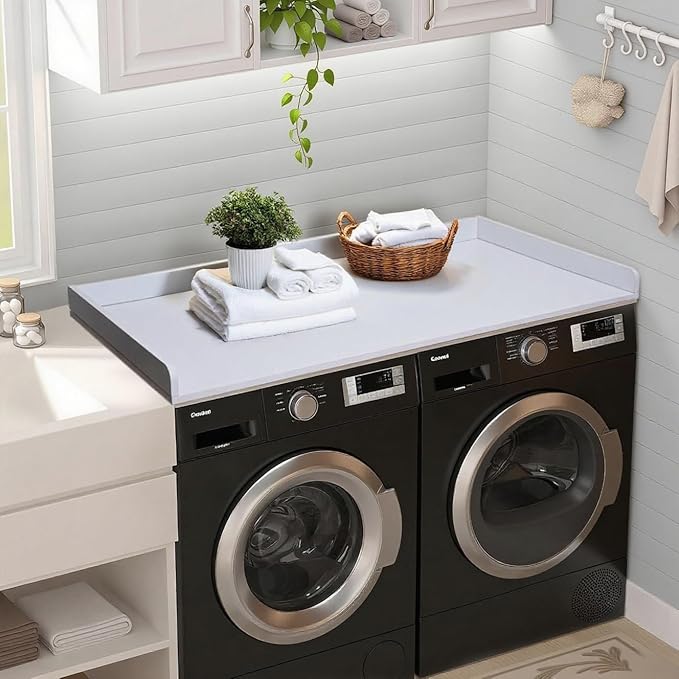 Washer Dryer Countertop Cover 54x27.5 Inch - Wood Laundry Table Top Organizer for Washing Machine & Dryer Set with Protective Edge, Heavy Duty Shelf (White)