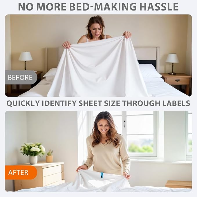 12PCS Color-Coded Bed Sheet Organizer Bands & Labels – Effortlessly Organize Queen/King/Full Sheets with Snap-On Tags for Easy Bed Making & Storage!