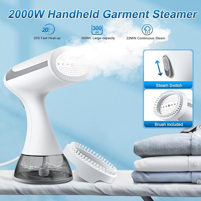 Steamer for Clothes, Portable Clothes Steamer for Fabric Wrinkles Remover, 2000W Handheld Steamer with 280ml Tank, 20-Second Fast Heat-up, Convenient Clothes Steamer for Home, Office and Travel