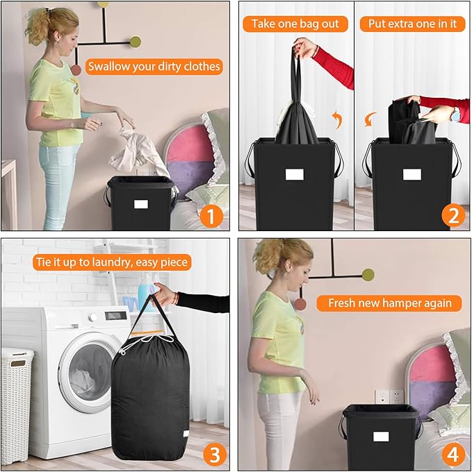 MCleanPin 225L Laundry Hamper Collapsible Laundry Basket with Laundry Bags, Dirty Clothes Hamper,Laundry Basket with Handles Foldable Hamper Dorm and College Machine Washable Bags (Classic Black)