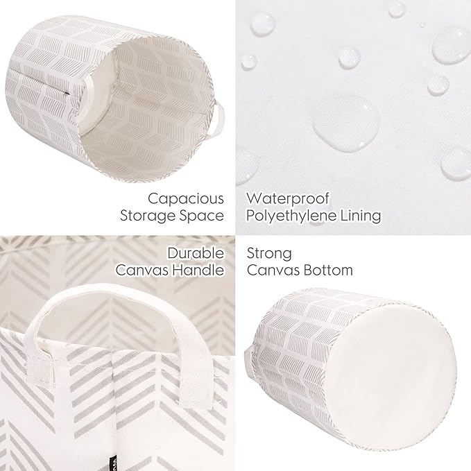 Sea Team 19.7 Inches Large Sized Waterproof Coating Ramie Cotton Fabric Folding Laundry Hamper Bucket Cylindric Burlap Canvas Storage Basket with Stylish Fishbone Grey Design