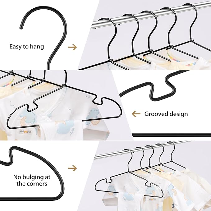 Black Aluminum Space-Saving Kids Hangers, 12.6-Inch Sturdy Metal Hangers for Wardrobe 20 Pack