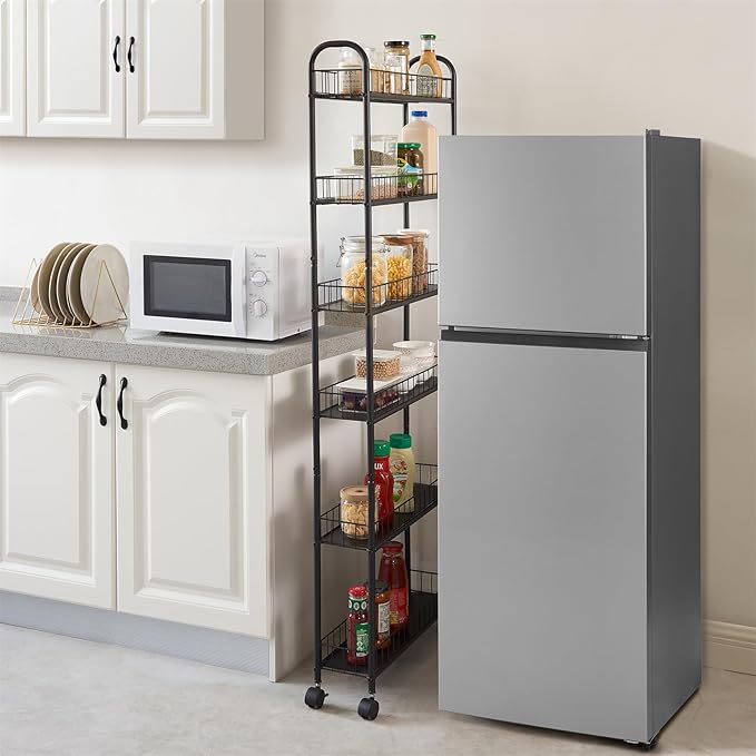 6-Tier Ultra Slim Rolling Storage Cart with Wheels, Narrow Metal Organizer Shelf Unit for Kitchen, Bathroom, Laundry, Office – Black, 6" Wide