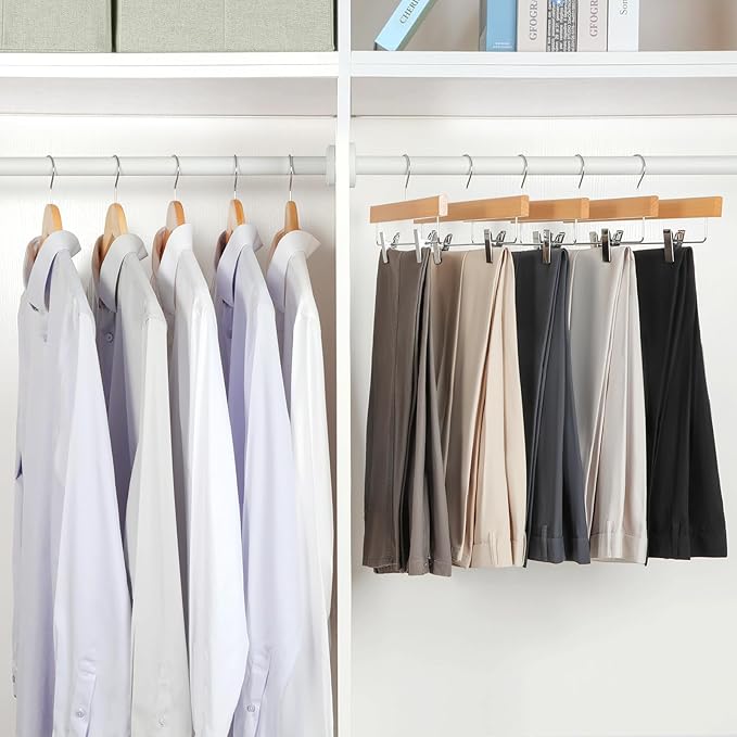 TOPIA HANGER Lotus Wood Pants Hangers, Natural Wooden Skirt Short Jeans Trouser Hanger with Smooth Surface 360° Swivel Hook Anti Rust 2 Adjustable Clips, 20 Pack, CT10PY20