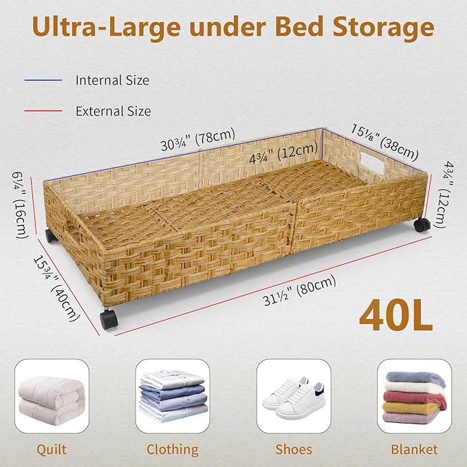 Under Bed Storage with Wheels, 31.5In/40L Large Rolling Underbed Storage Organizer Drawers Bins, Rattan Under the Bed Storage Containers with Handles, Space Saving Design for Clothes,Shoes,Books