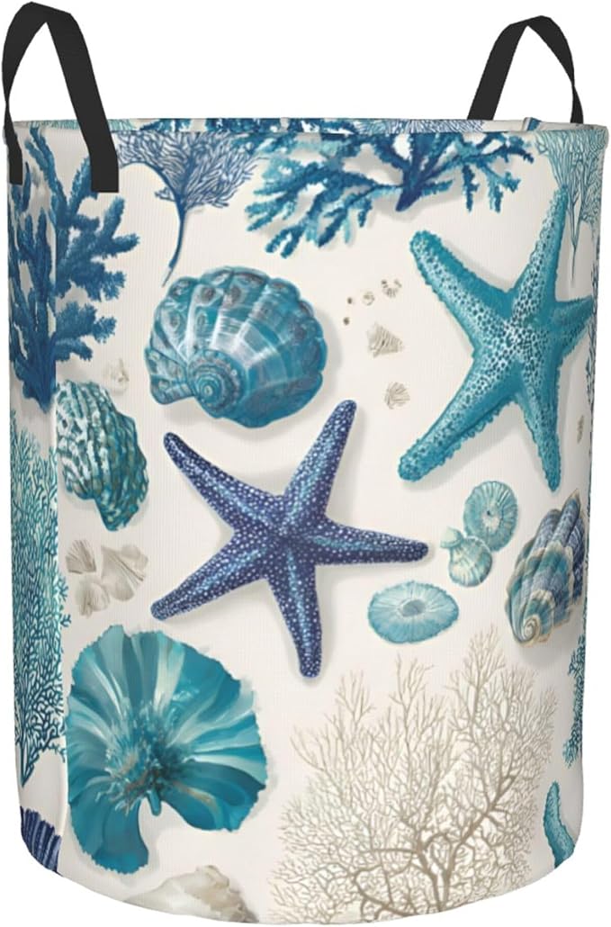 Coastal Ocean Theme with Starfish Design Laundry Hamper, White Blue, Oxford Cloth Storage Basket, Large 19.6x15.7 Inch