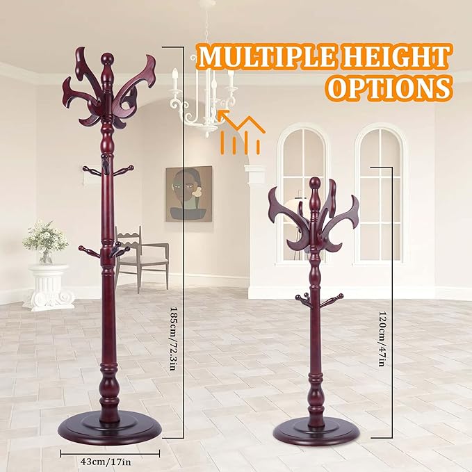 72“ Modern Wooden Coat Rack Freestanding Wood Coat Tree Heavy Duty with Hooks and Sturdy Round Base Coat Hanger Stand for Entrance, Office, Corridor