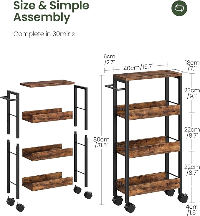 4-Tier Slim Storage Cart, 7.1'' Kitchen Serving Trolley, Slim Rolling Cart with Handle and Guard Rails, Slim Cabinet for Small Spaces, for Dining Room, Rustic Brown and Black TTC02BF