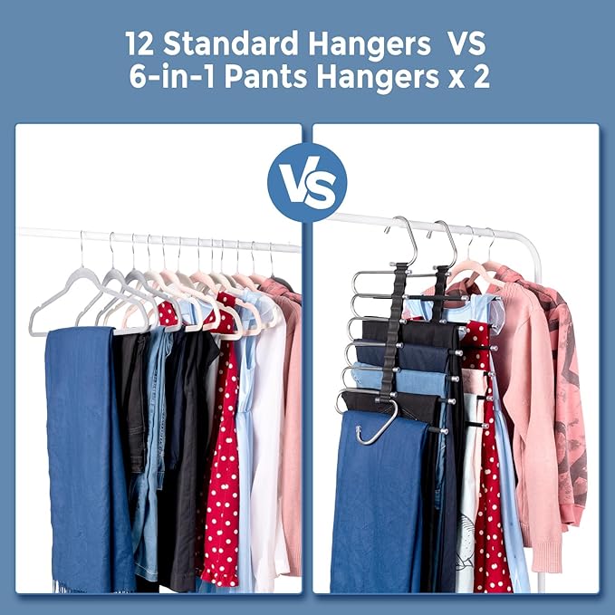 Magic Pants Hangers Space Saving - 2 Pack Multi Layers Pant Hangers with Clips - Non Slip Scarf Hanger Jean Organizer for Closet - Multi Functional Pants Rack (2 Pack with 6 Hanging Clips)