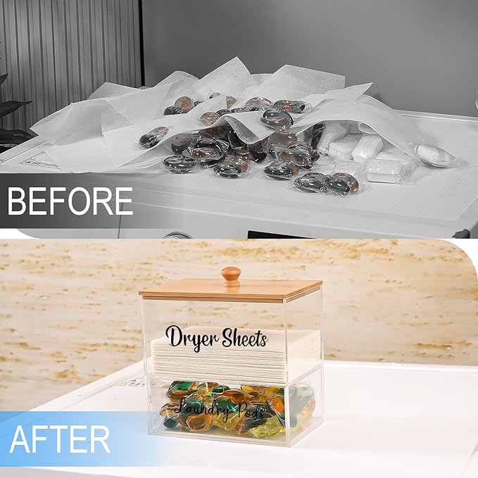 Acrylic Laundry Pods Contianer and Dryer Sheet Holder Set with Bamboo Lid, Dishwasher Pods Container, Laundry Pods Holder, Laundry Soap Organizer, Laundry Room Organization and Storage