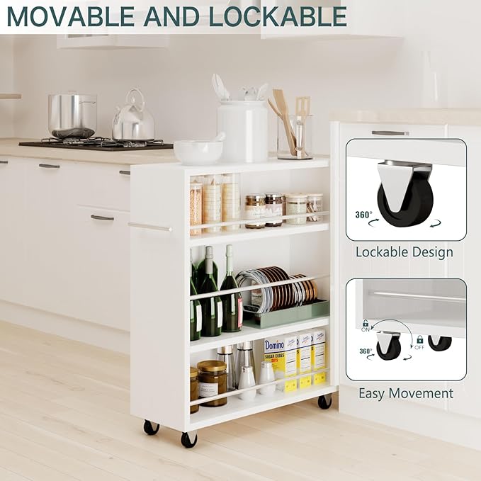 ALBAD Slim Rolling Cart,4-Tier Storage Cart with Wheels,7.9”W Slim Storage Cart with Handle for Kitchen Laundry Narrow Places Bathroom Dining Room Small Spaces