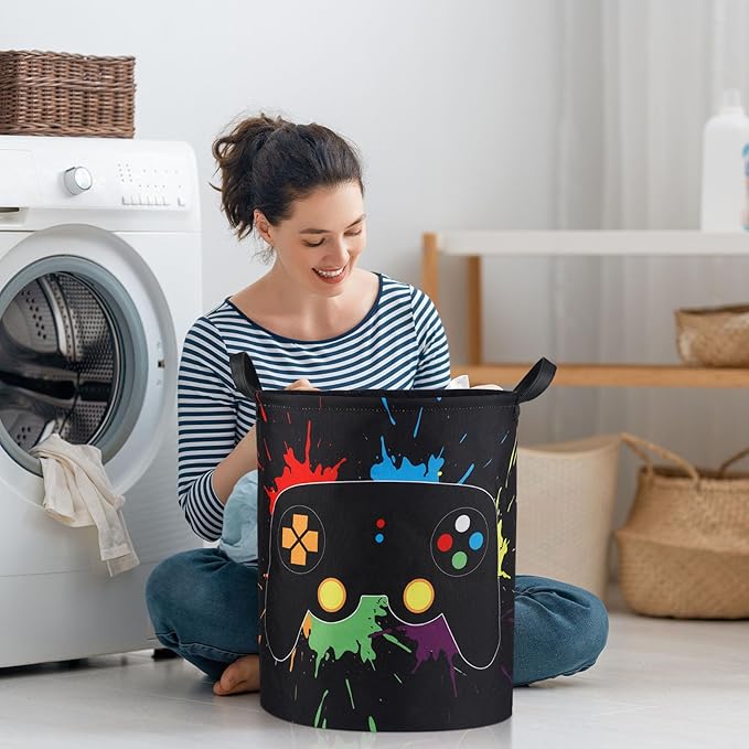 Zhehao 2 Pcs Gamer Laundry Basket Boys Kids Laundry Hamper Gamer Room Decor Gaming Storage Basket Hamper Clothes Organizer Nursery Toy Storage Bin for Easter Gifts Bedroom Bathroom Decoration(Stylish)